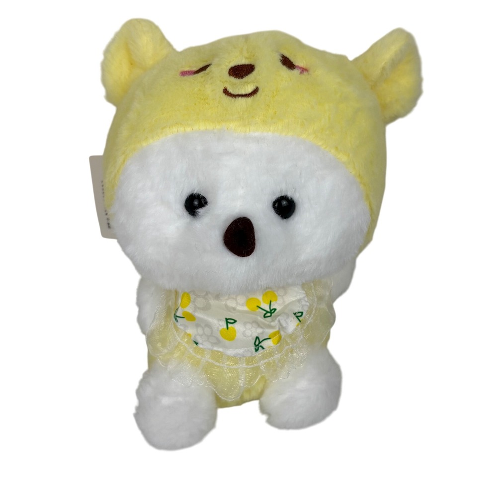 Dear Bei Bei White Bear Plush Yellow‎ Hood Cherry Bib Kawaii Stuffed Animal 8in
